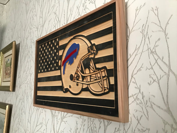USA Flag with Buffalo Bills logo carved in wood
