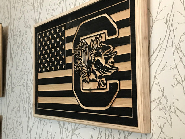 USA Flag with Gamecocks logo carved in wood