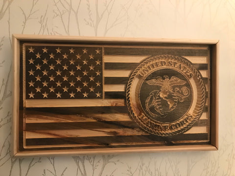 USA Flag with USMC insignia carved in wood