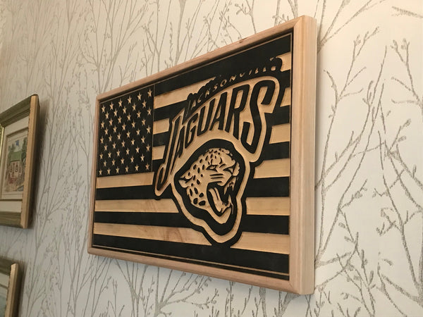 USA Flag with Jaguar logo carved in wood