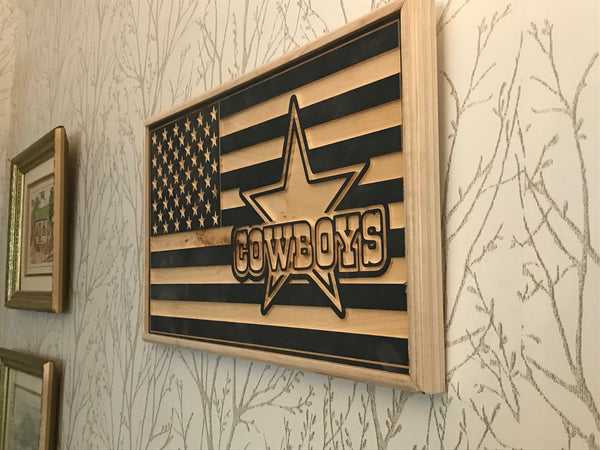 USA Flag with Cowboys logo carved in wood