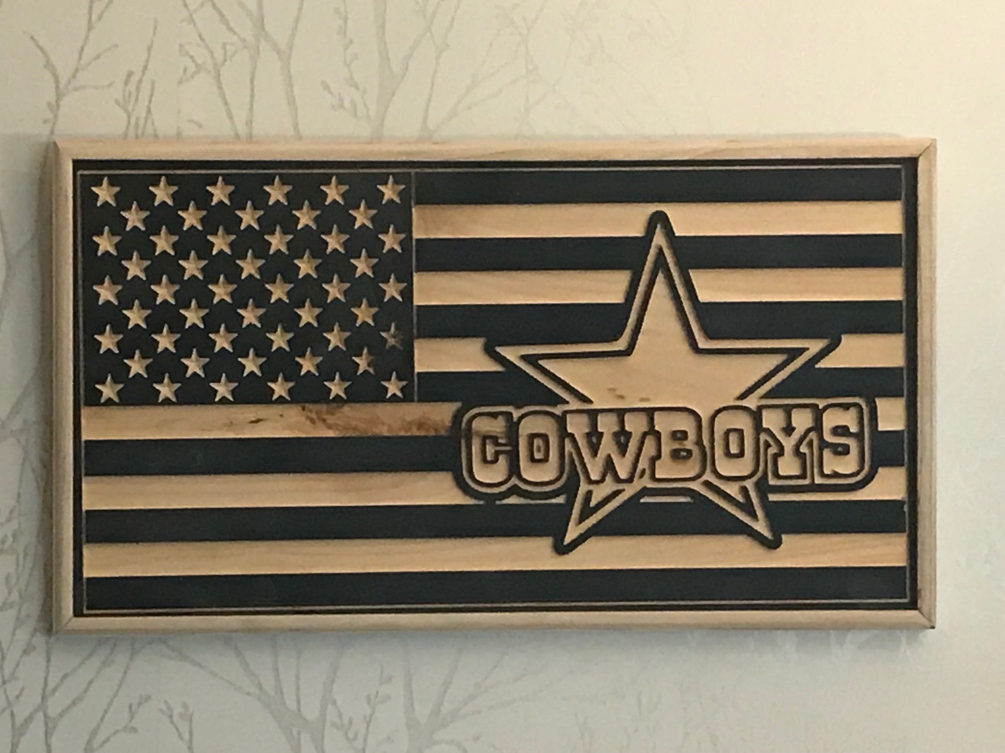 USA Flag with Cowboys logo carved in wood