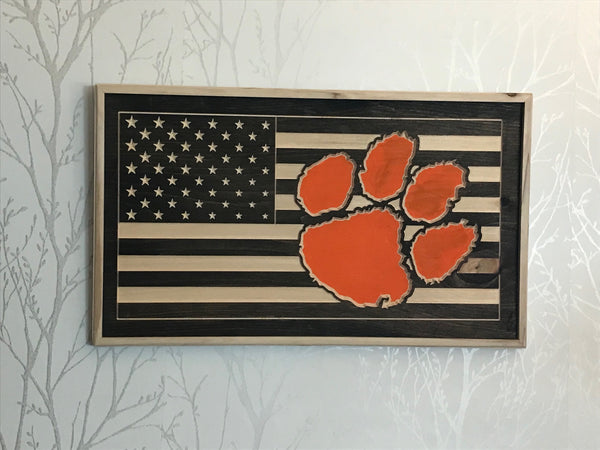 USA Flag with Clemson Tigers logo carved in wood