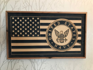 USA Flag with Navy insignia carved in wood
