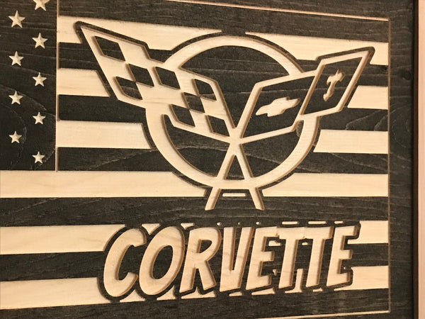 USA Flag with Corvette logo carved in wood