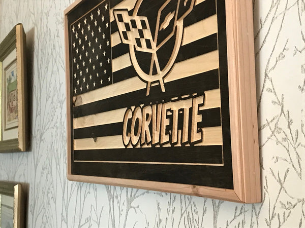 USA Flag with Corvette logo carved in wood